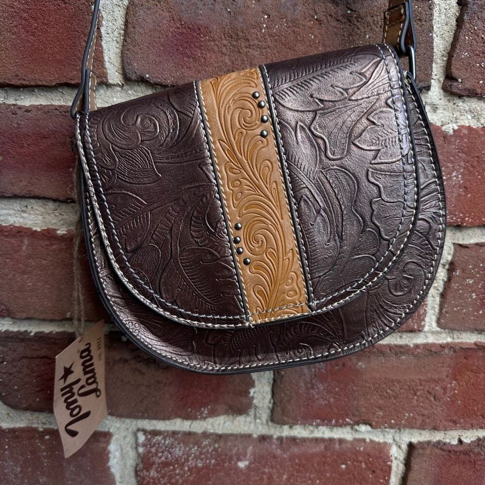 Tony Lama Tooled Leather Saddle Bag Bronzed Floral Brown Crossbody NEW - Picture 3 of 8